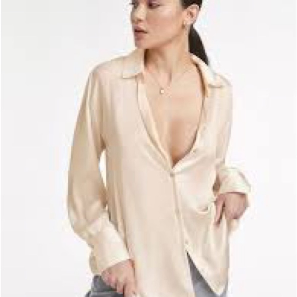 Adika Satin Button-Up Blouse in Light Beige
